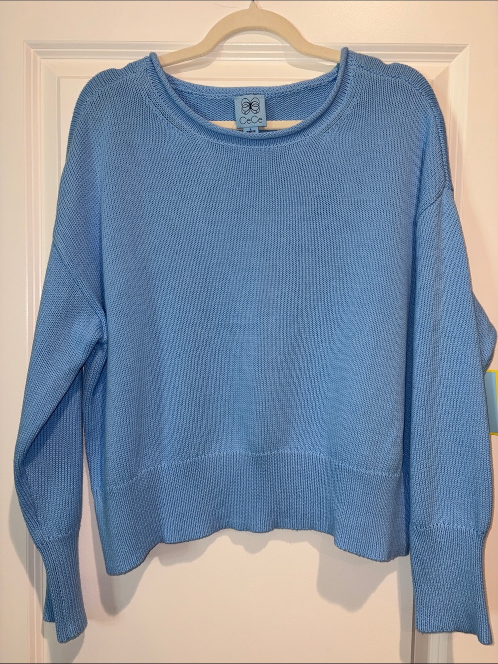 NWT CeCe Pastel Blue Crewneck Pullover Cotton Cropped Oversized Sweater, Large